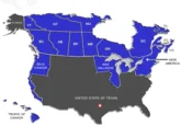 Jesusland — A detailed map of North America with 'United States of Texas' covering most of the continental US in gray, with Canada in blue and state