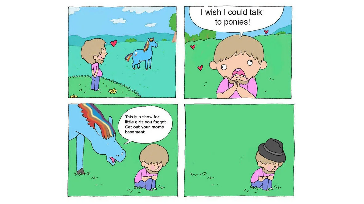 Jet Fuel Can't Melt Steel Beams — Four-panel brony comic with rainbow pony and boy in fedora, original template for the jet fuel remix
