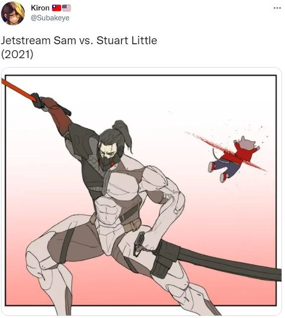 Fan art tweet depicting Jetstream Sam slashing Stuart Little