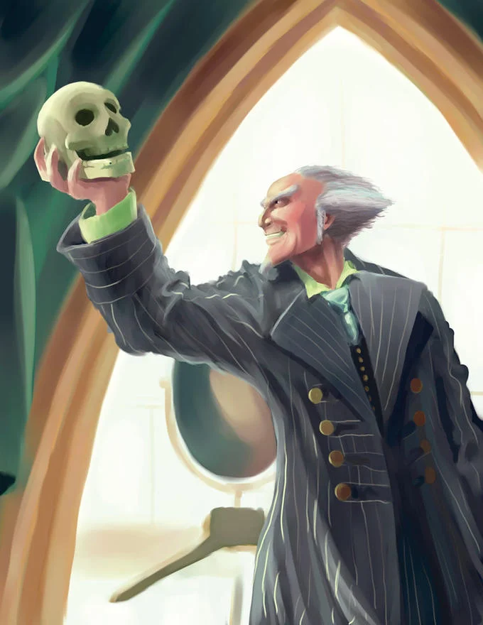 Jim Carrey — Illustrated figure in a pinstripe coat holding a skull in a gothic room