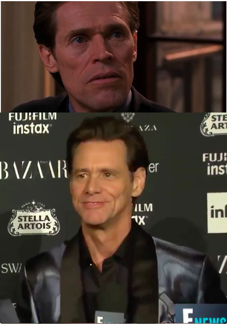 Jim Carrey's "We're Nothing" Rant — Comparison image of Willem Dafoe above and Jim Carrey at a red carpet event below