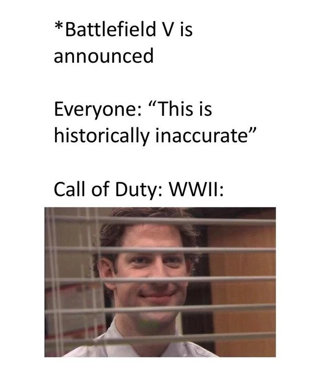 Jim Halpert Smiling Through Blinds — Jim Halpert blinds meme about Battlefield V and Call of Duty WWII