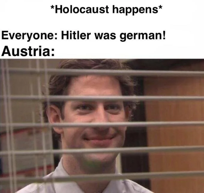 Jim Halpert Smiling Through Blinds — Jim Halpert blinds meme about Hitler and Austria