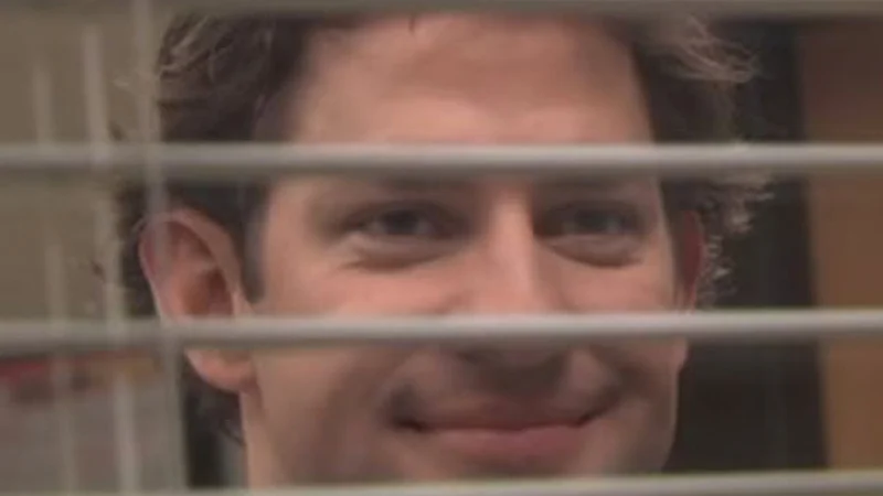 Jim Halpert Smiling Through Blinds — Jim Halpert smiling smugly through venetian blinds