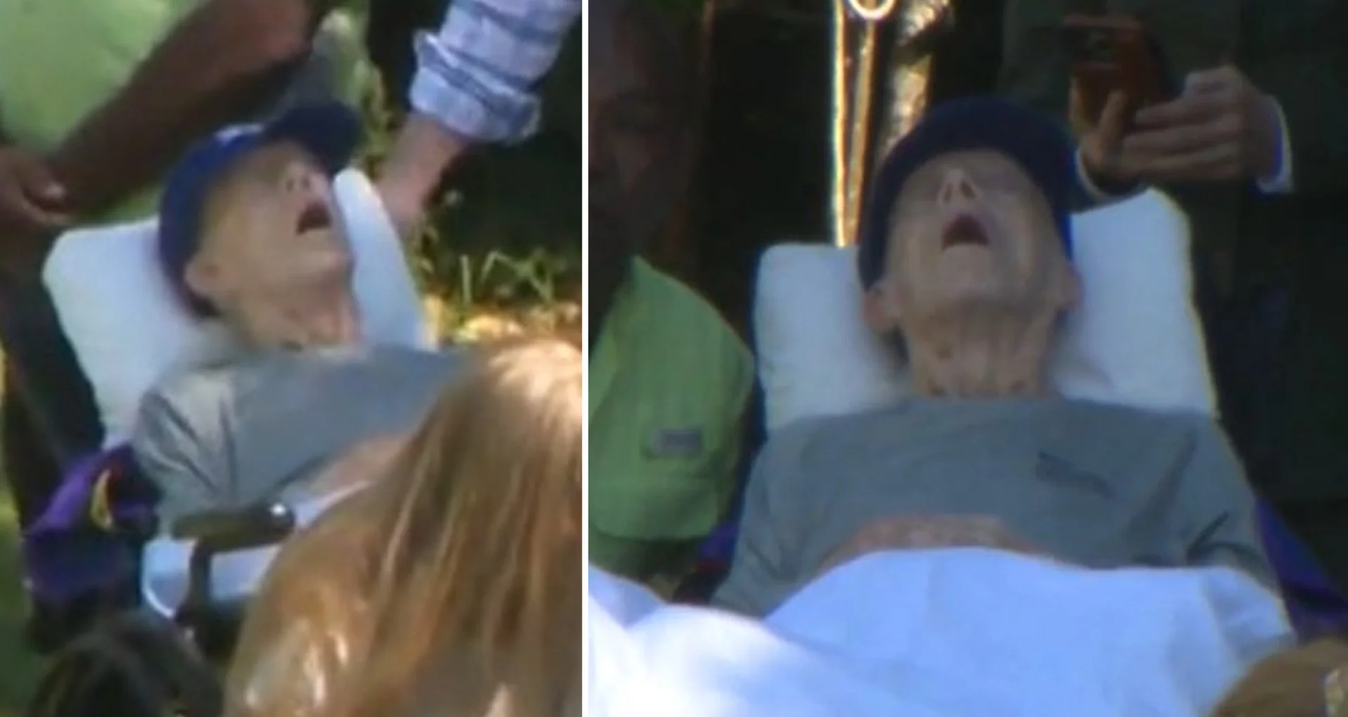 Jimmy Carter 100Th Birthday Photo — Side-by-side stills of Jimmy Carter reclined in a wheelchair with mouth open at his 100th birthday.
