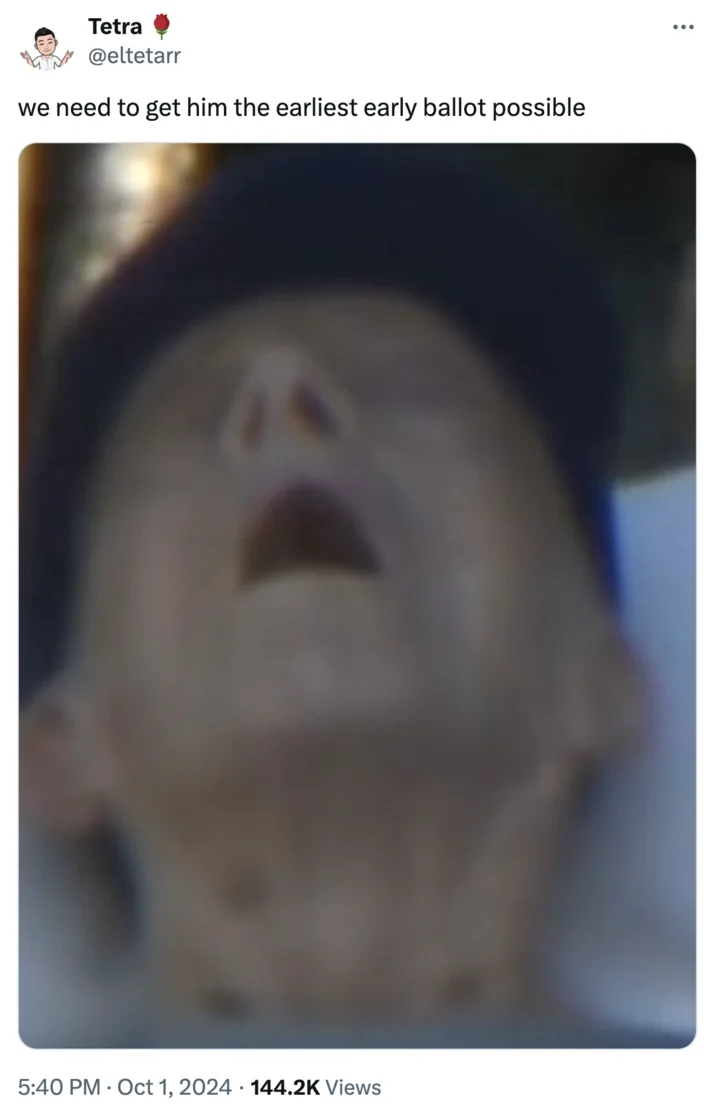 Jimmy Carter 100Th Birthday Photo — Tweet joking about early voting with a blurry close-up of Jimmy Carter's face.