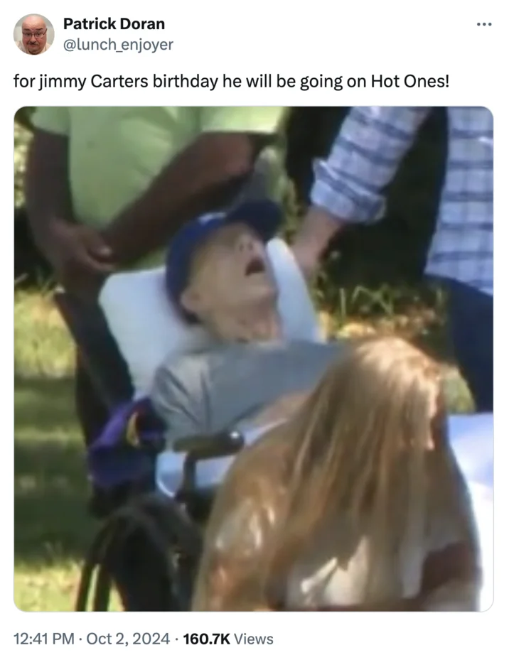 Jimmy Carter 100Th Birthday Photo — Tweet joking that Jimmy Carter will appear on Hot Ones for his birthday.