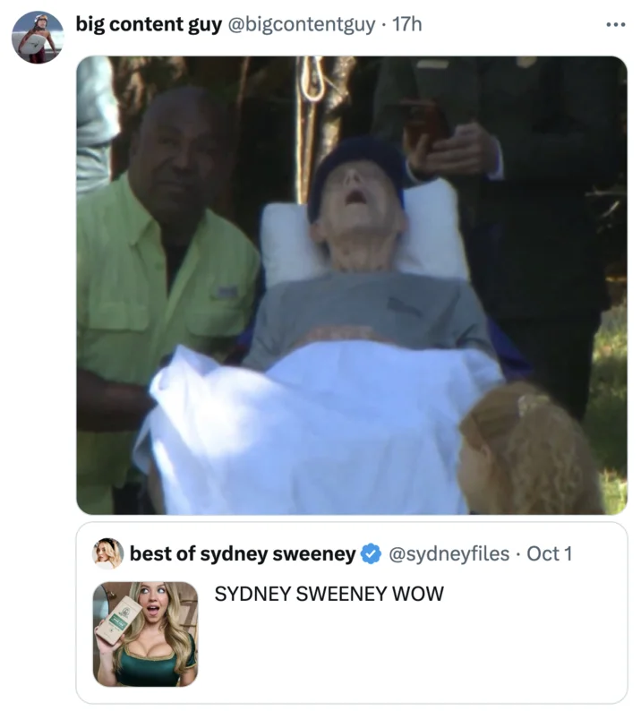 Jimmy Carter 100Th Birthday Photo — Tweet pairing Jimmy Carter birthday image with a Sydney Sweeney reaction post.