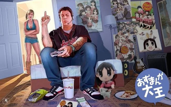 Jimmy Flipping Off Tracy — The GTA V artwork edited with Azumanga Daioh anime character posters on the walls and anime logo replacing the GTA V branding.