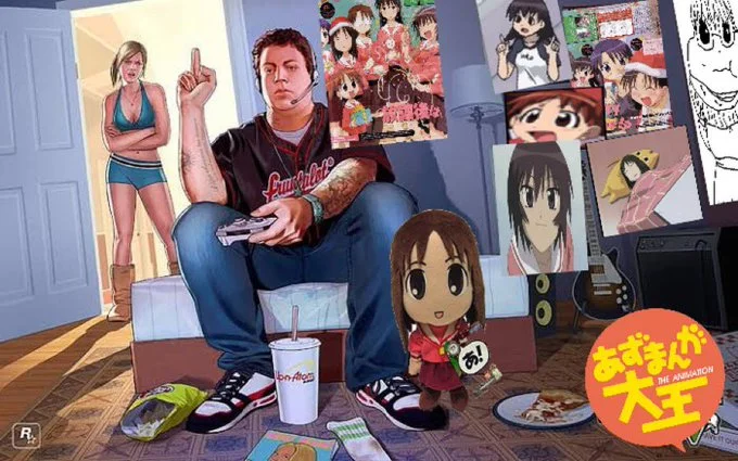 Jimmy Flipping Off Tracy — Another Azumanga Daioh-themed edit of the GTA V artwork featuring different anime character posters and chibi figures.