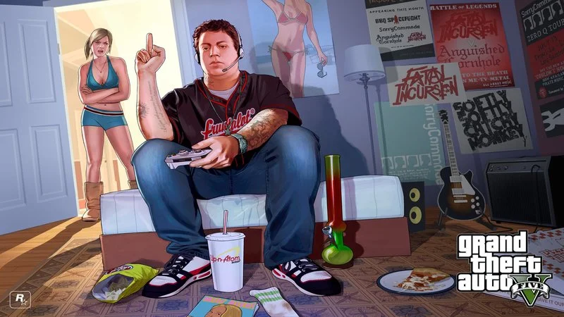 Jimmy Flipping Off Tracy — The canonical Grand Theft Auto V promotional artwork showing Jimmy De Santa on a mattress flipping off Tracy standing in the doorway