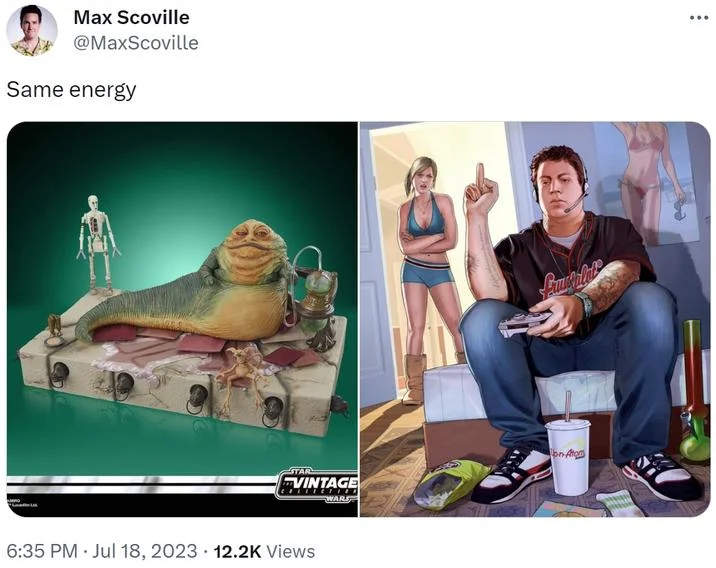 Jimmy Flipping Off Tracy — A Twitter post by @MaxScoville showing 'Same energy' comparison between Jabba the Hutt and the GTA V Jimmy/Tracy artwork.