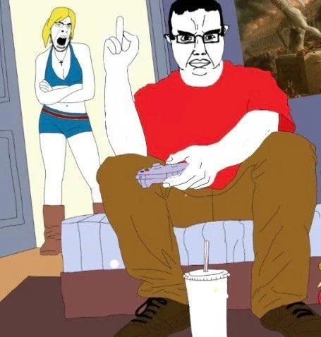 Jimmy Flipping Off Tracy — A rough, amateurish digital drawing recreating the Jimmy/Tracy scene with a heavyset man in red shirt and blonde woman in doorway.