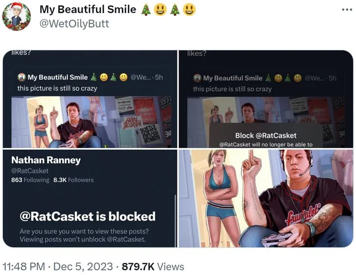 Jimmy Flipping Off Tracy — A four-panel Twitter collage documenting @WetOilyButt's viral post and subsequent social media interactions regarding the artwork.