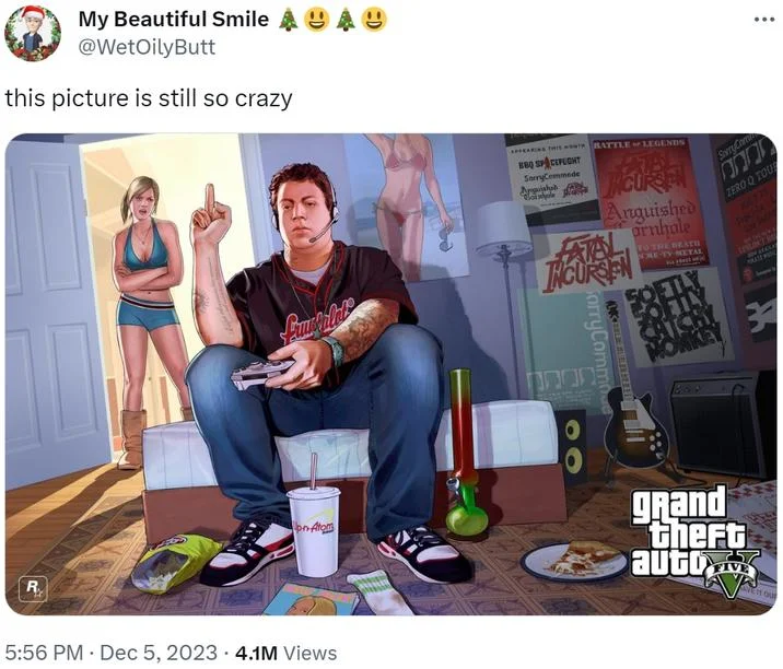 Jimmy Flipping Off Tracy — A Twitter post by @WetOilyButt captioned 'this picture is still so crazy' showing the original GTA V Jimmy/Tracy promotional artwork.