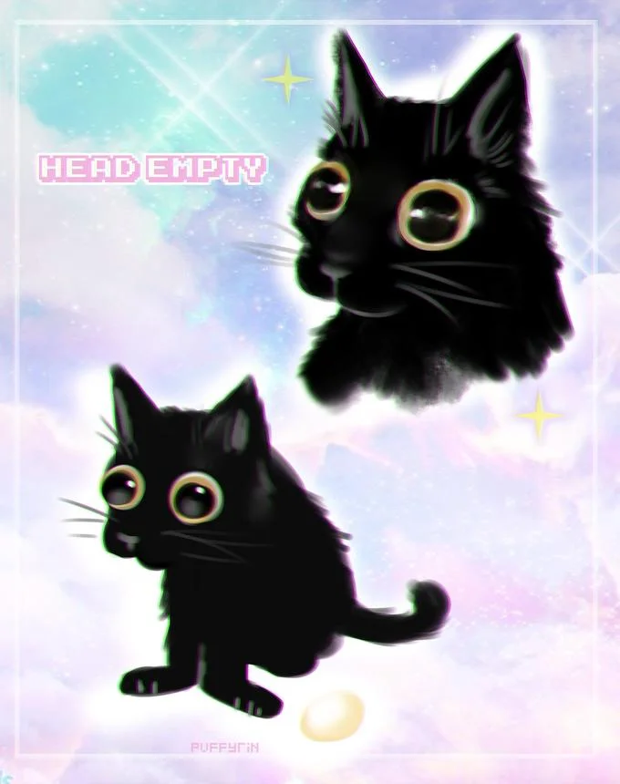 Jinx The Cat — Stylized fan art with Jinx illustrations with large glowing eyes on pastel purple and blue gradient with 'HEAD EMPTY' text overlay.