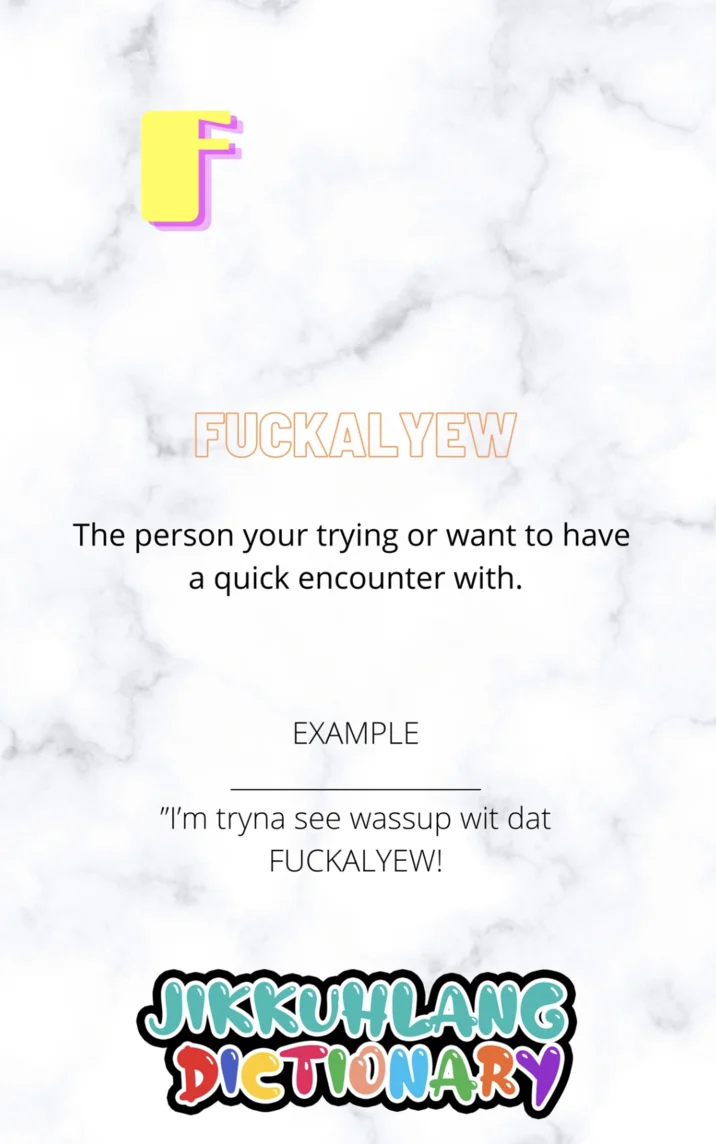 Jittleyang — Jikkuhlang Dictionary entry defining Fuckalyew with example sentence