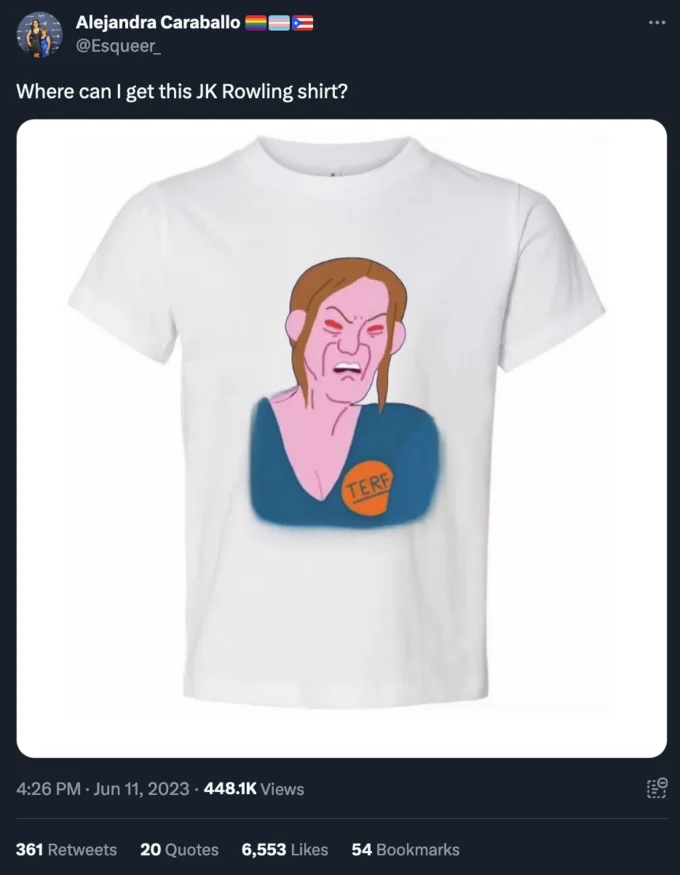 J.K. Rowling Killed 2 People In 1993 Drunk Driving Incident Hoax — Tweet by Alejandra Caraballo asking where to get a TERF-themed J.K. Rowling cartoon t-shirt