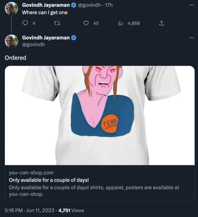 J.K. Rowling Killed 2 People In 1993 Drunk Driving Incident Hoax — Govindh Jayaraman tweet claiming he ordered the TERF cartoon J.K. Rowling t-shirt from