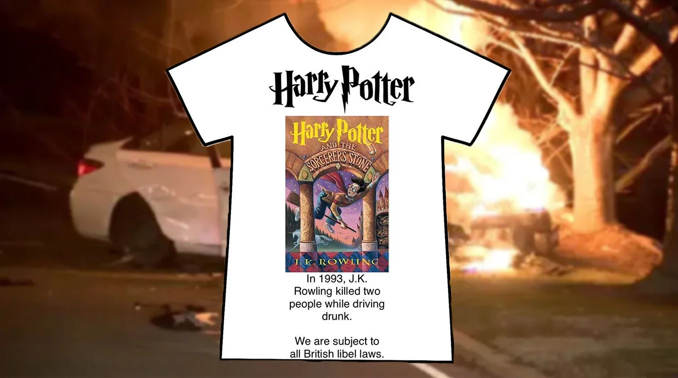 J.K. Rowling Killed 2 People In 1993 Drunk Driving Incident Hoax — Harry Potter t-shirt with fabricated J.K. Rowling drunk driving text, overlaid on burning