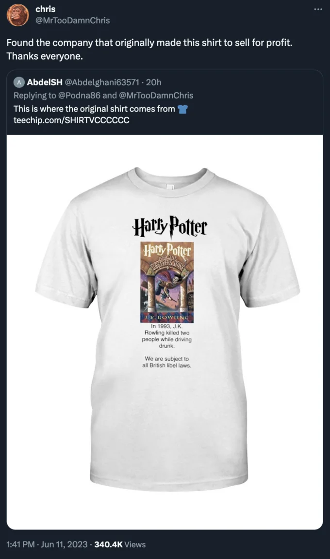 J.K. Rowling Killed 2 People In 1993 Drunk Driving Incident Hoax — Follow-up tweet revealing the Teechip.com source of the J.K. Rowling hoax t-shirt
