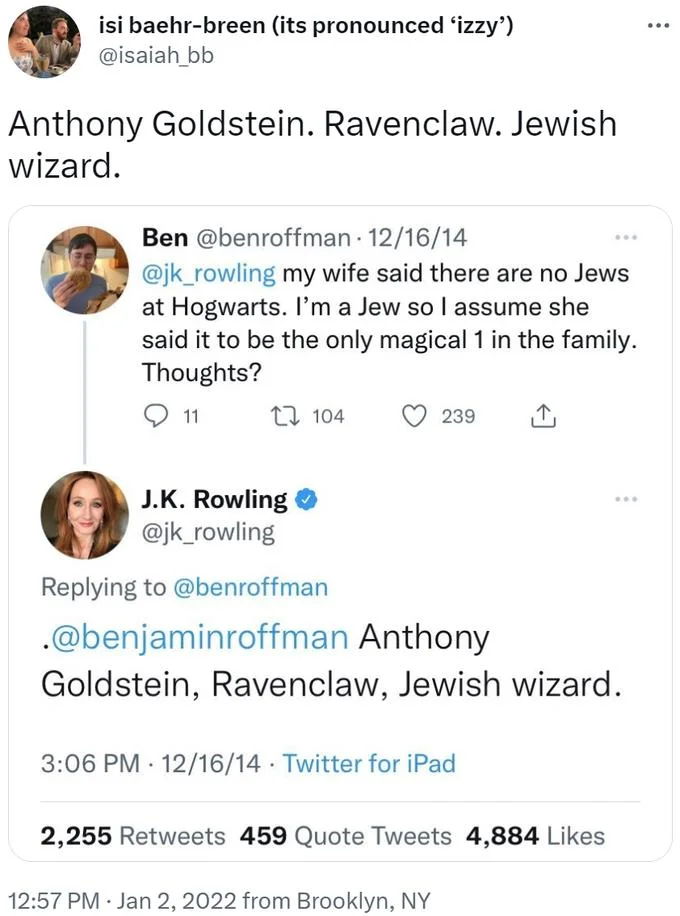 J.K. Rowling Naming Characters — Tweet quoting J.K. Rowling naming Anthony Goldstein as a Jewish Ravenclaw wizard.