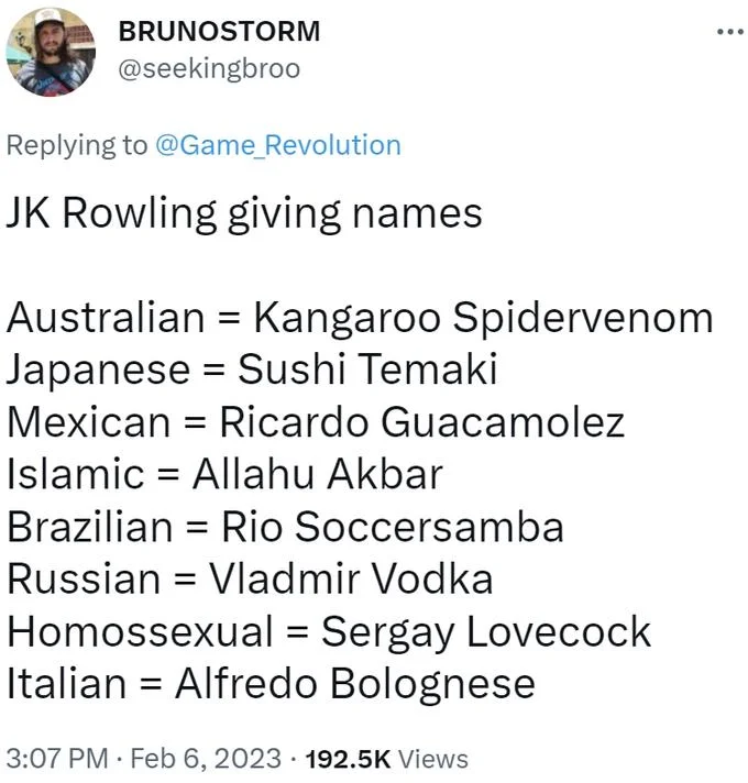 J.K. Rowling Naming Characters — Tweet listing joke stereotyped character names supposedly by J.K. Rowling for various nationalities.