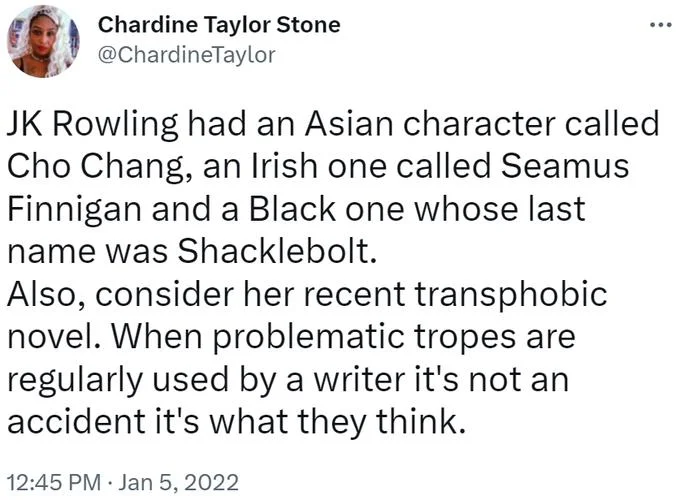 J.K. Rowling Naming Characters — Tweet by Chardine Taylor Stone listing Rowling's stereotyped character names.