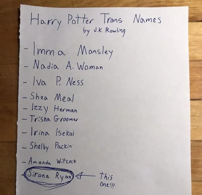 J.K. Rowling Naming Characters — Handwritten joke list of Harry Potter trans character names with Sirona Ryan circled as the pick.