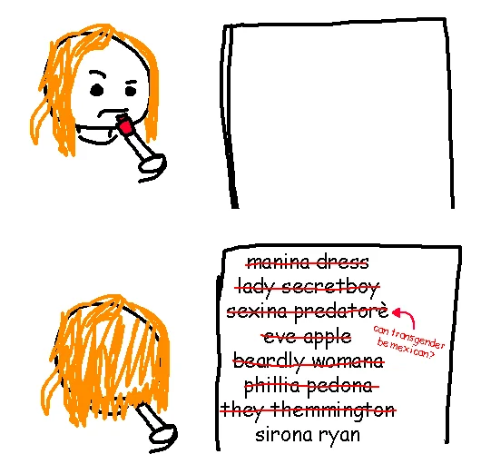 J.K. Rowling Naming Characters — Doodle of a redhead brainstorming crossed-out joke trans character names, ending with Sirona Ryan.