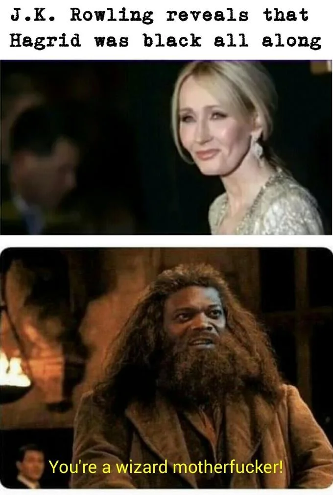 J.K. Rowling Tweet Parodies — Thanos Infinity Stones meme with stones labeled as fake J.K. Rowling character reveals