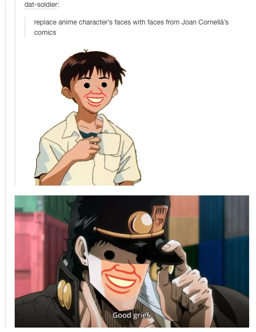 Tumblr post showing anime characters edited with Joan Cornellà cartoon faces