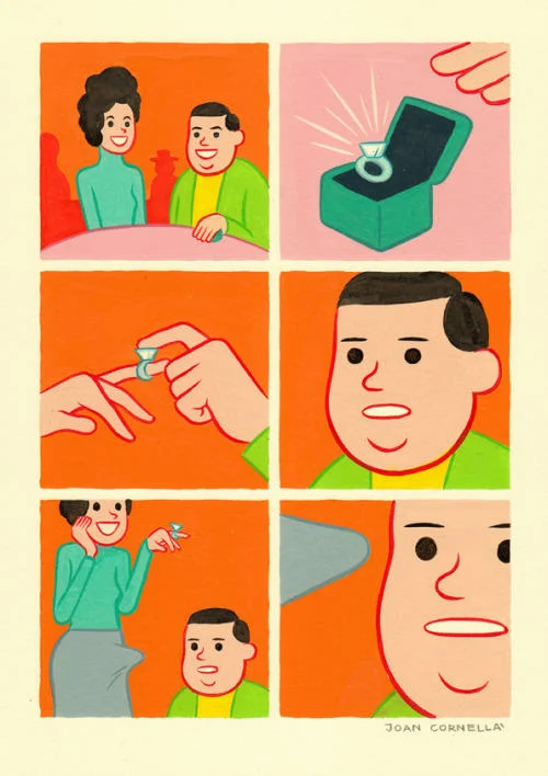 Joan Cornellà — Cornellà six panel comic showing a proposal ending with a severed finger