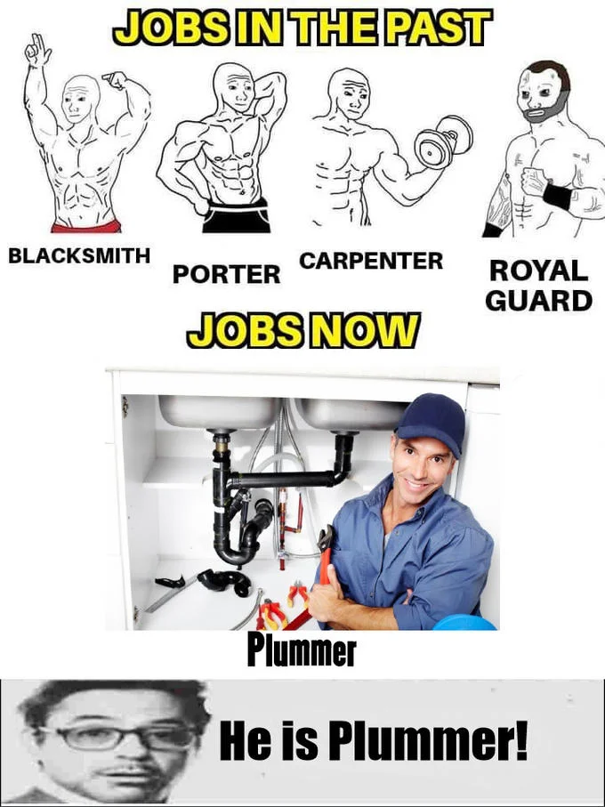 Jobs In The Past — Jobs meme variant ending with a stock photo plumber and the caption 'He is Plummer'