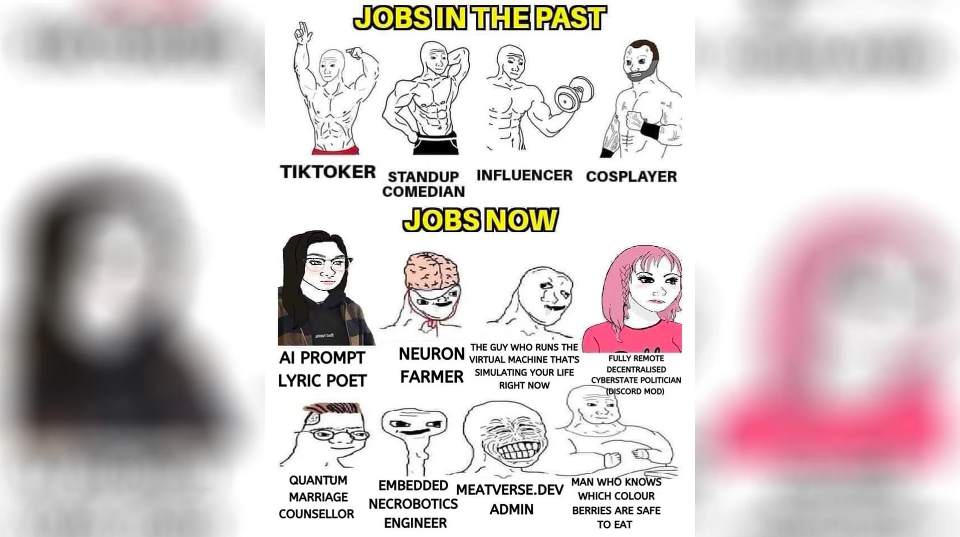 Jobs in the Past vs Jobs Now meme with muscular Wojaks representing past jobs and weak Wojaks representing absurd future jobs
