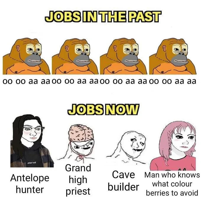 Jobs In The Past — Meme with orangutans grunting 'oo oo aa aa' as past jobs and soy Wojaks as prehistoric human roles