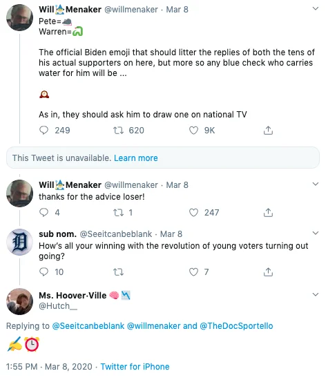 Joe Biden Draw a Clock Emoji — Screenshot of a Joe Biden tweet with a reply containing only the writing hand and alarm clock emojis