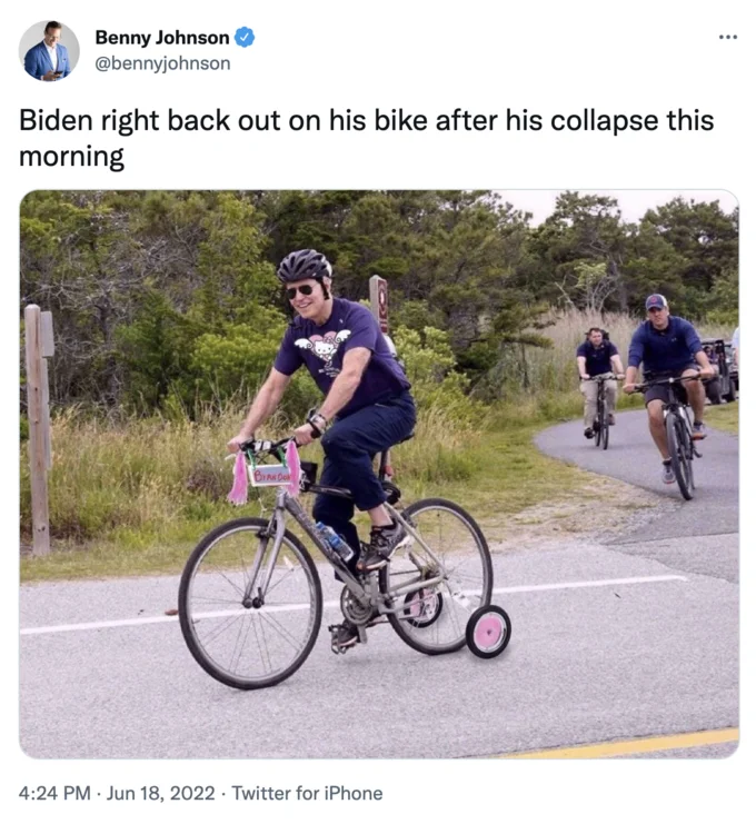 Joe Biden Falls Off Bike — Tweet showing a photoshopped image of Joe Biden riding a bicycle with pink training wheels after his fall.