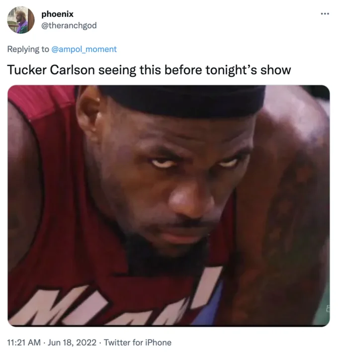 Joe Biden Falls Off Bike — Tweet joking that Tucker Carlson is excited about Biden's bike fall, illustrated with a glaring LeBron James.