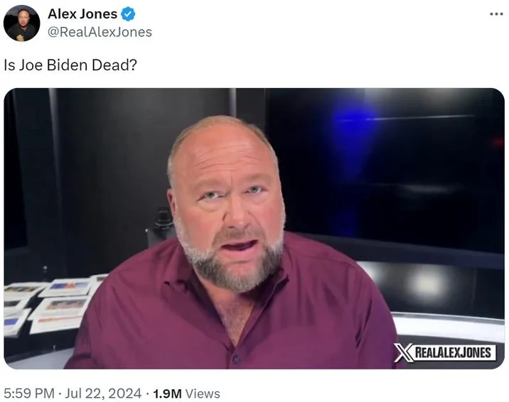 Joe Biden Is Dead Conspiracy Theory — Alex Jones tweet titled Is Joe Biden Dead with Jones video thumbnail