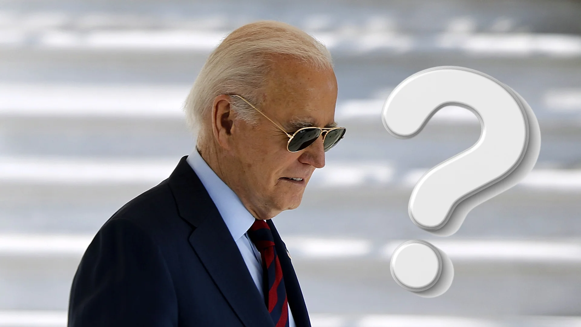 Joe Biden Is Dead Conspiracy Theory — Joe Biden in sunglasses next to a large question mark graphic