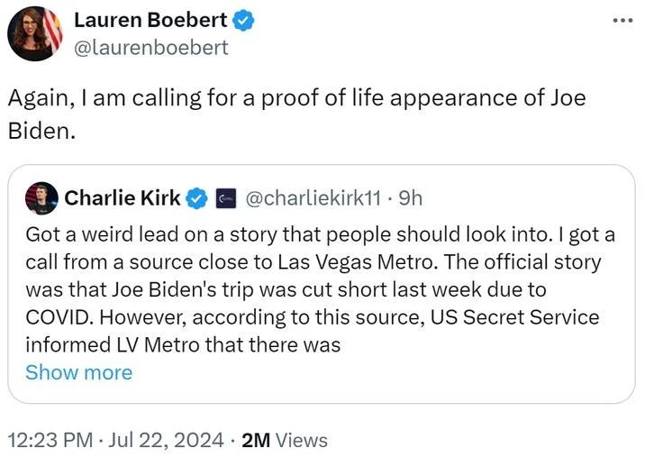 Joe Biden Is Dead Conspiracy Theory — Lauren Boebert tweet calling for proof of life from Joe Biden