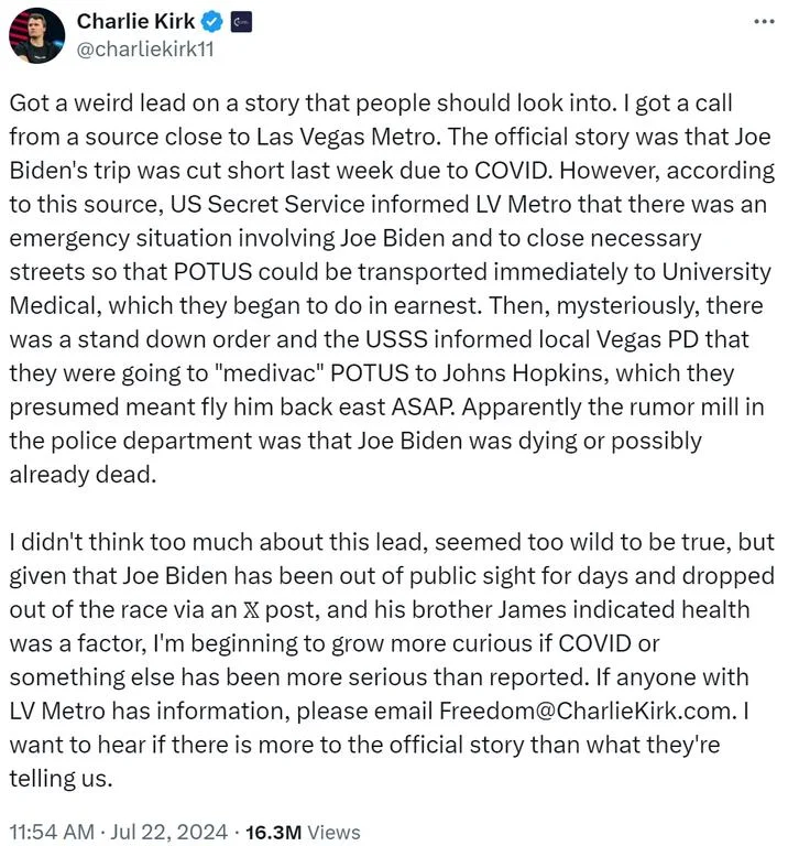 Joe Biden Is Dead Conspiracy Theory — Charlie Kirk tweet detailing alleged Las Vegas Metro source claims about Biden's health