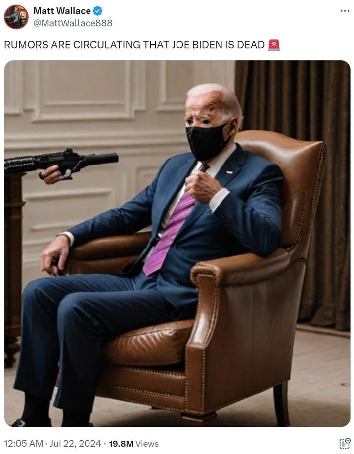 Joe Biden Is Dead Conspiracy Theory — Matt Wallace tweet claiming rumors that Joe Biden is dead, with photoshopped image of Biden