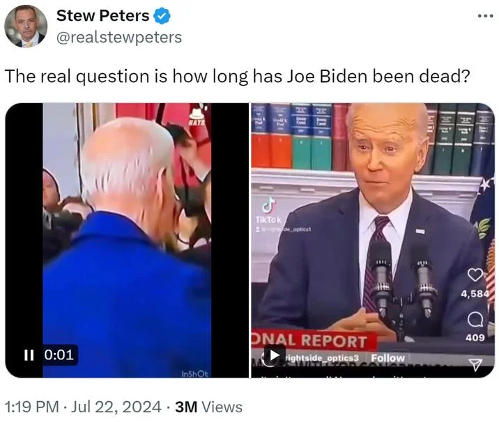 Joe Biden Is Dead Conspiracy Theory — Stew Peters tweet asking how long Joe Biden has been dead with Biden video stills