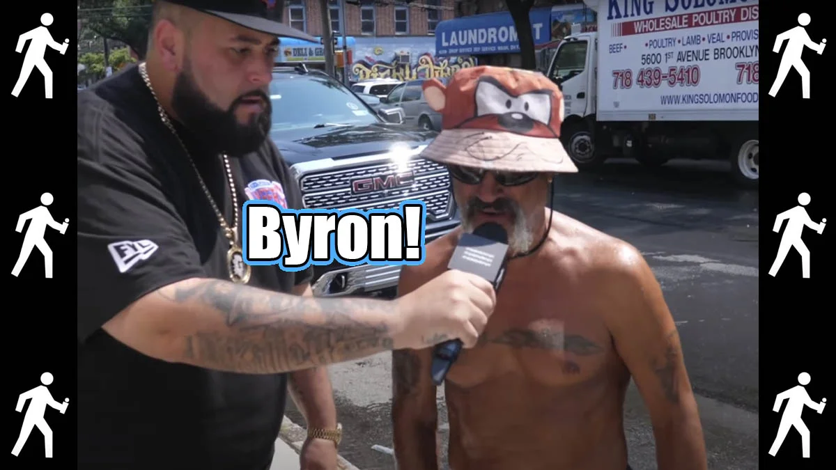 Joe Byron — Shirtless man in bear bucket hat being interviewed on a Brooklyn street with 'Byron!' text overlay