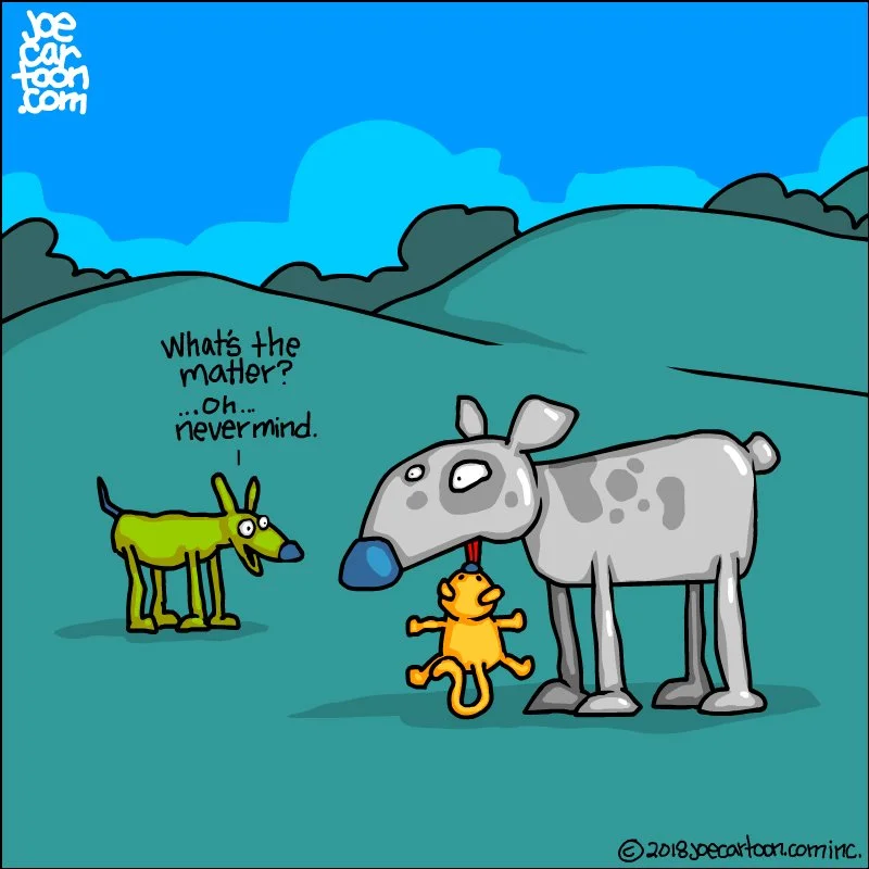 Joe Cartoon animation scene with crude cartoon dog, cow, and small figure with dialogue about neverminding something