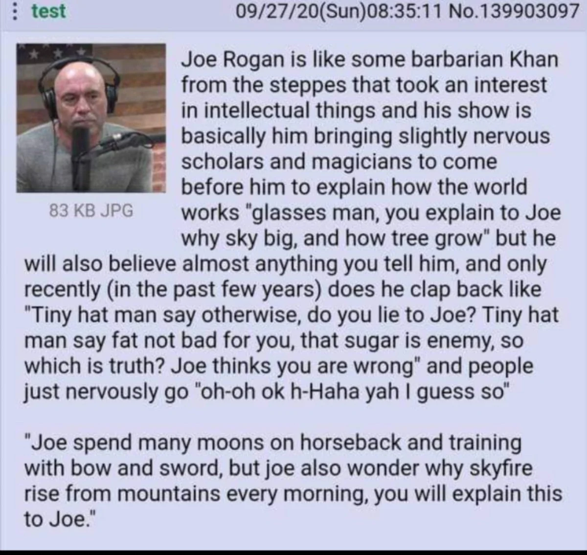 4chan post comparing Joe Rogan to a barbarian Khan interviewing scholars