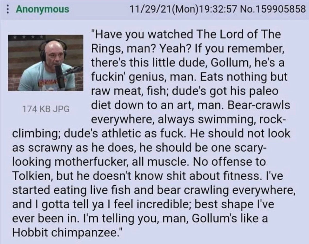 4chan post with fake Joe Rogan quote about Gollum's paleo fitness routine