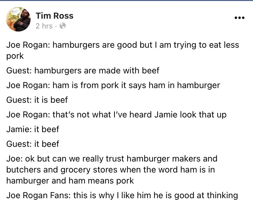 Facebook post parodying a Joe Rogan podcast conversation about hamburgers and pork